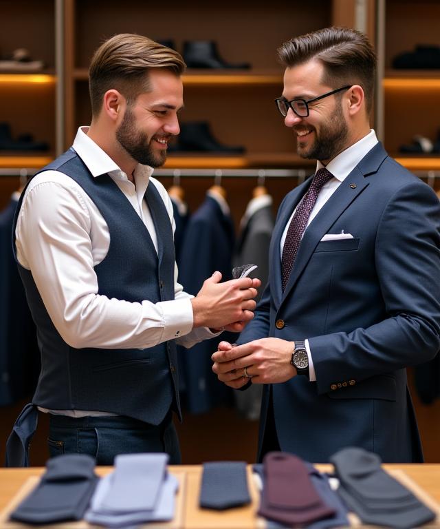 A friendly style consultant helping a client select tie and shirt combinations in a well-lit showroom.