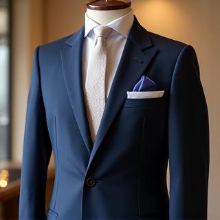 A finished, perfectly tailored bespoke suit hanging on a mannequin.