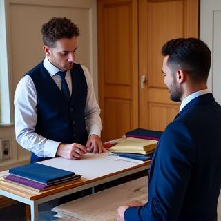 A tailor consulting with a client over fabric swatches.