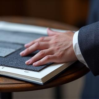 A close-up of a hand selecting from a book of fine suit fabrics.