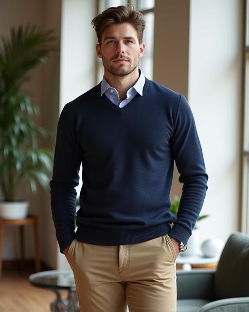 A casual look featuring a merino wool V-neck and tailored chinos.
