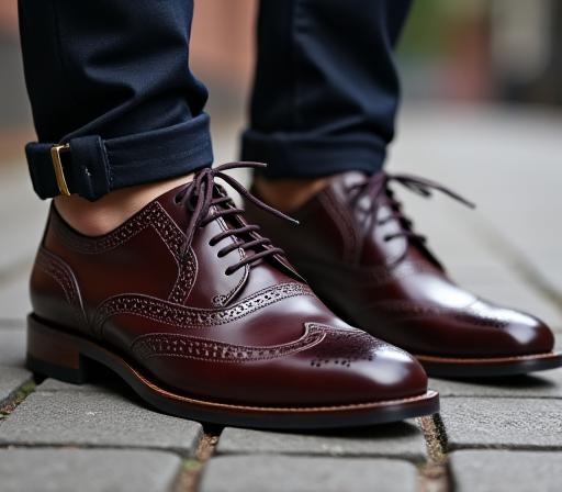A detailed close-up shot of dark brown leather brogue shoes on pavement.
