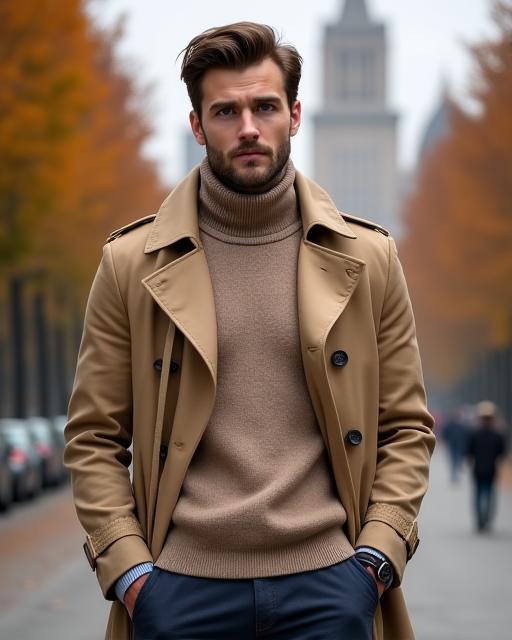 A man in a classic beige trench coat layered over a cashmere sweater.