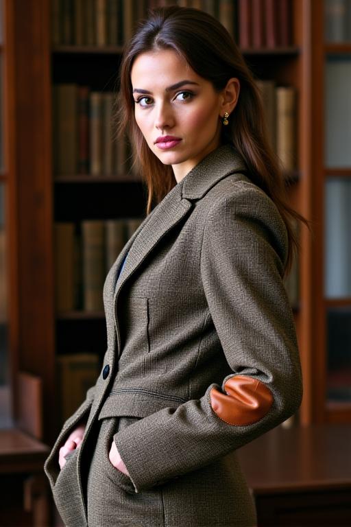 A model wearing a rustic tweed blazer with elbow patches.